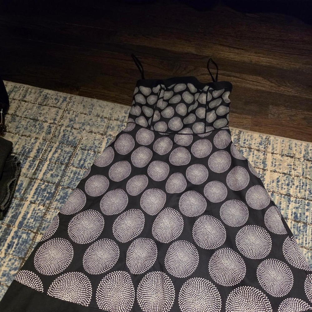 White House Black Market black dress with white circular dot pattern